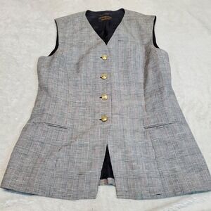 Vintage White Black Plaid Linen Long Vest Women 8 Retro Academia Classic Work